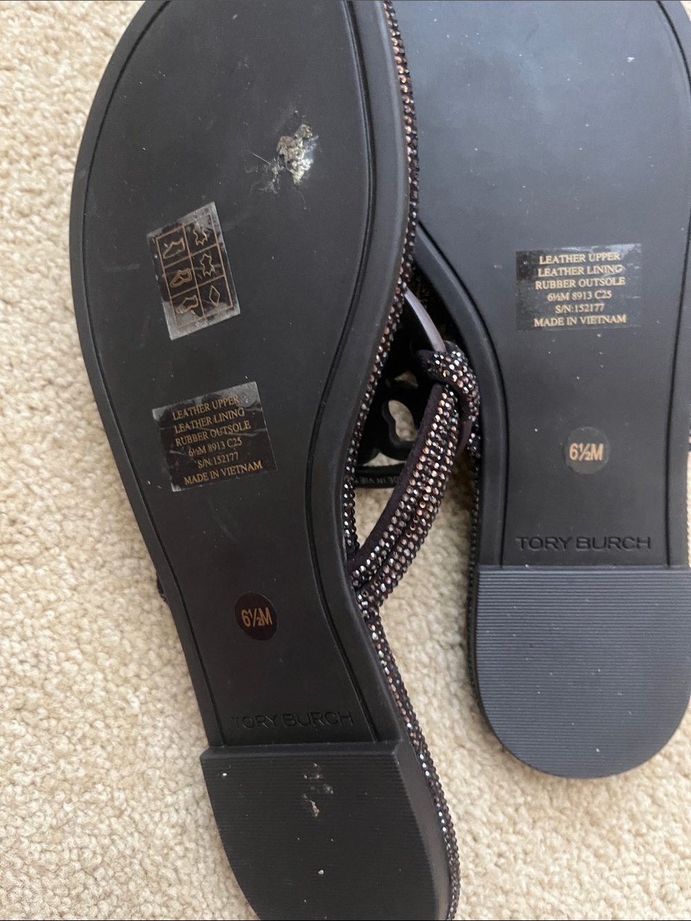 Tory Burch Dark Brown Beaded Logo Thong Sandals - Picture 2 of 2